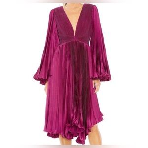 Mac Duggal Magenta Plunge V-Neck Pleated Midi Dress
